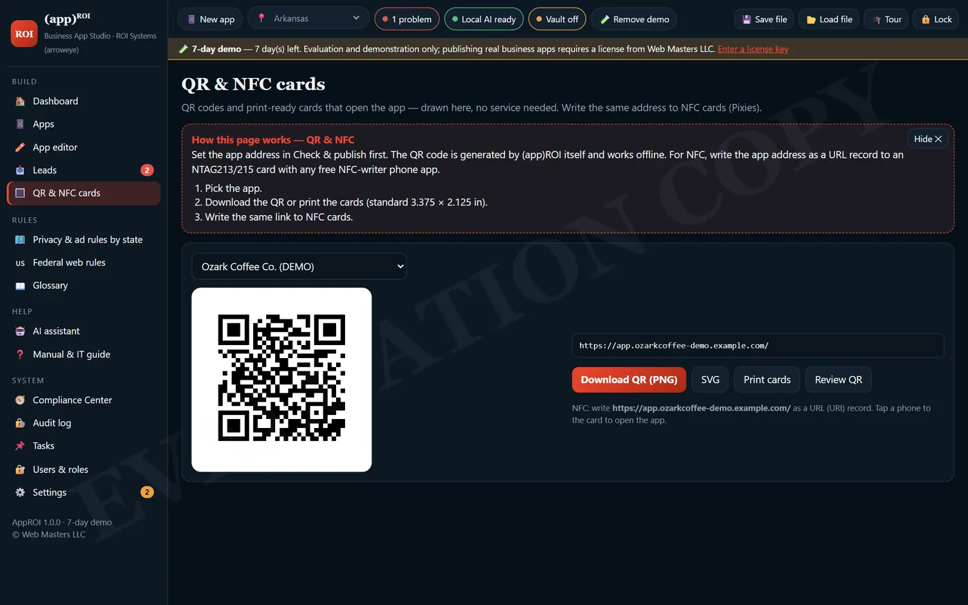 App Studio: QR & NFC cards (demo data)