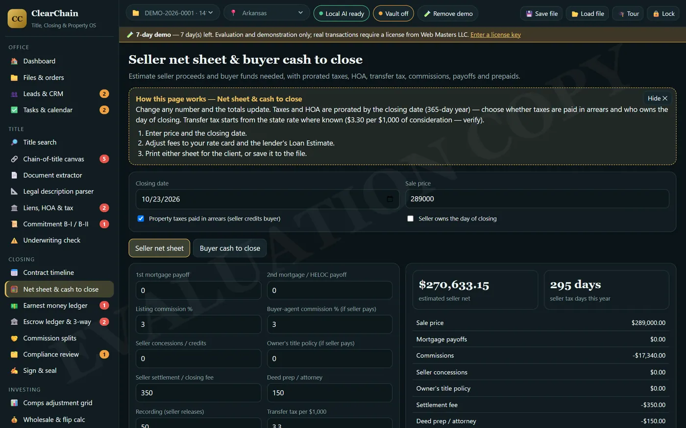 ClearChain: Seller net sheet & buyer cash to close (demo data)