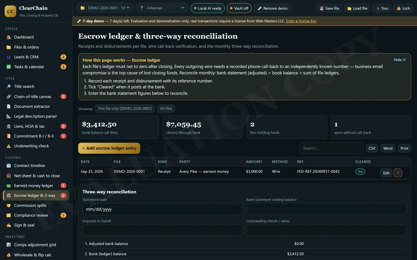 ClearChain: Escrow ledger & three-way reconciliation (demo data)