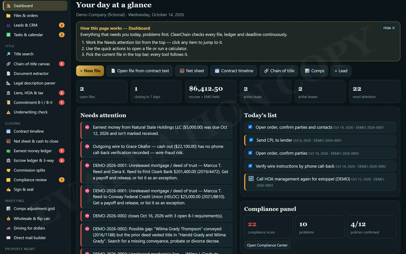 ClearChain: Your day at a glance (demo data)