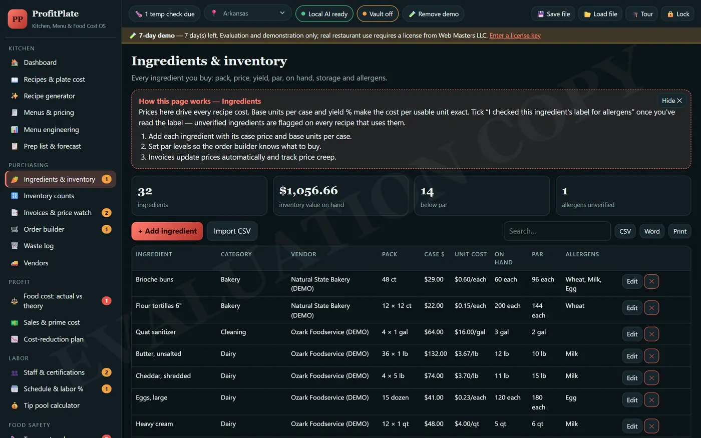 ProfitPlate: Ingredients & inventory (demo data)