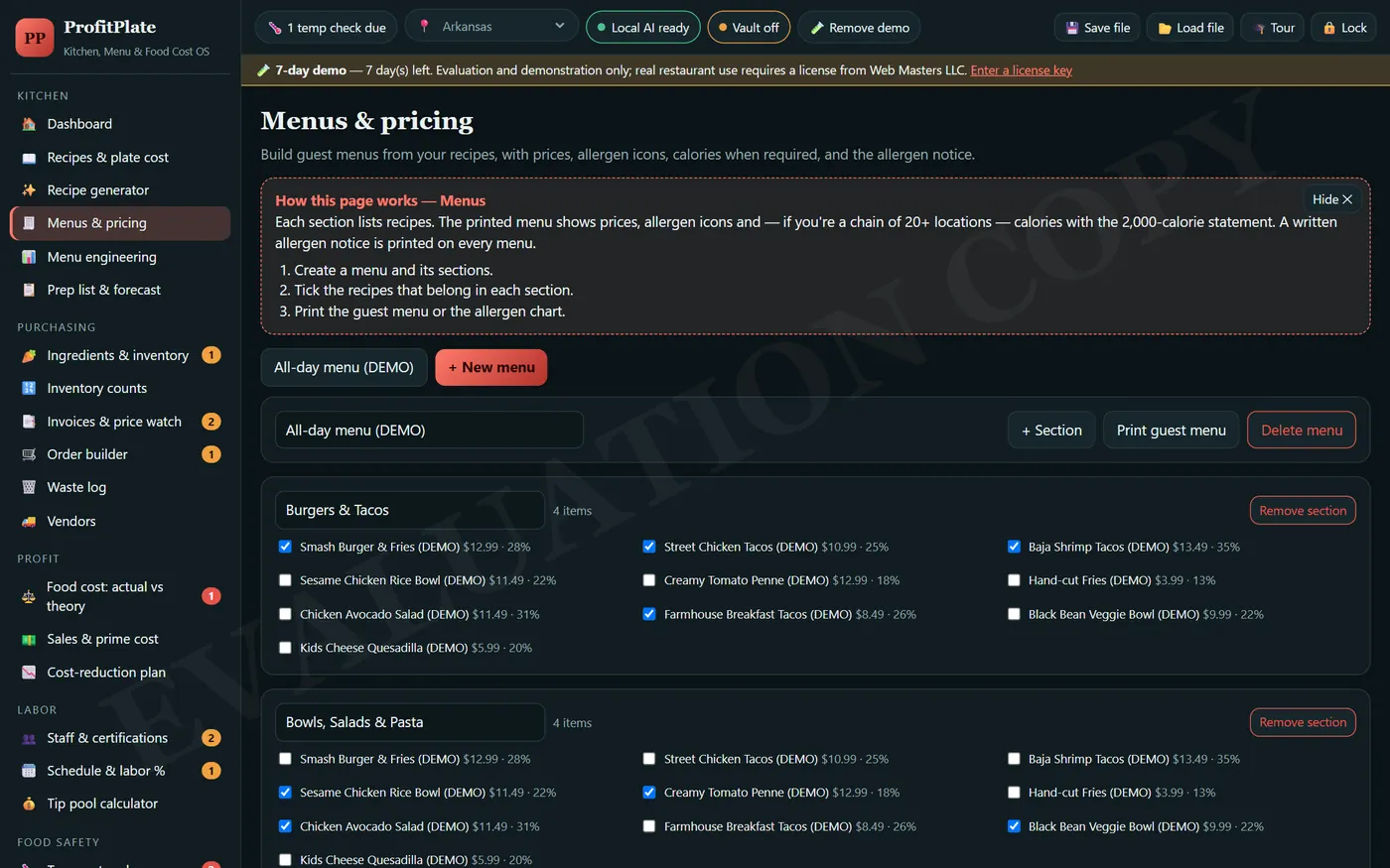 ProfitPlate: Menus & pricing (demo data)