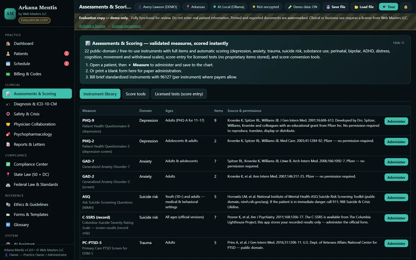 Arkana Mentis: Assessments & scoring (demo data)