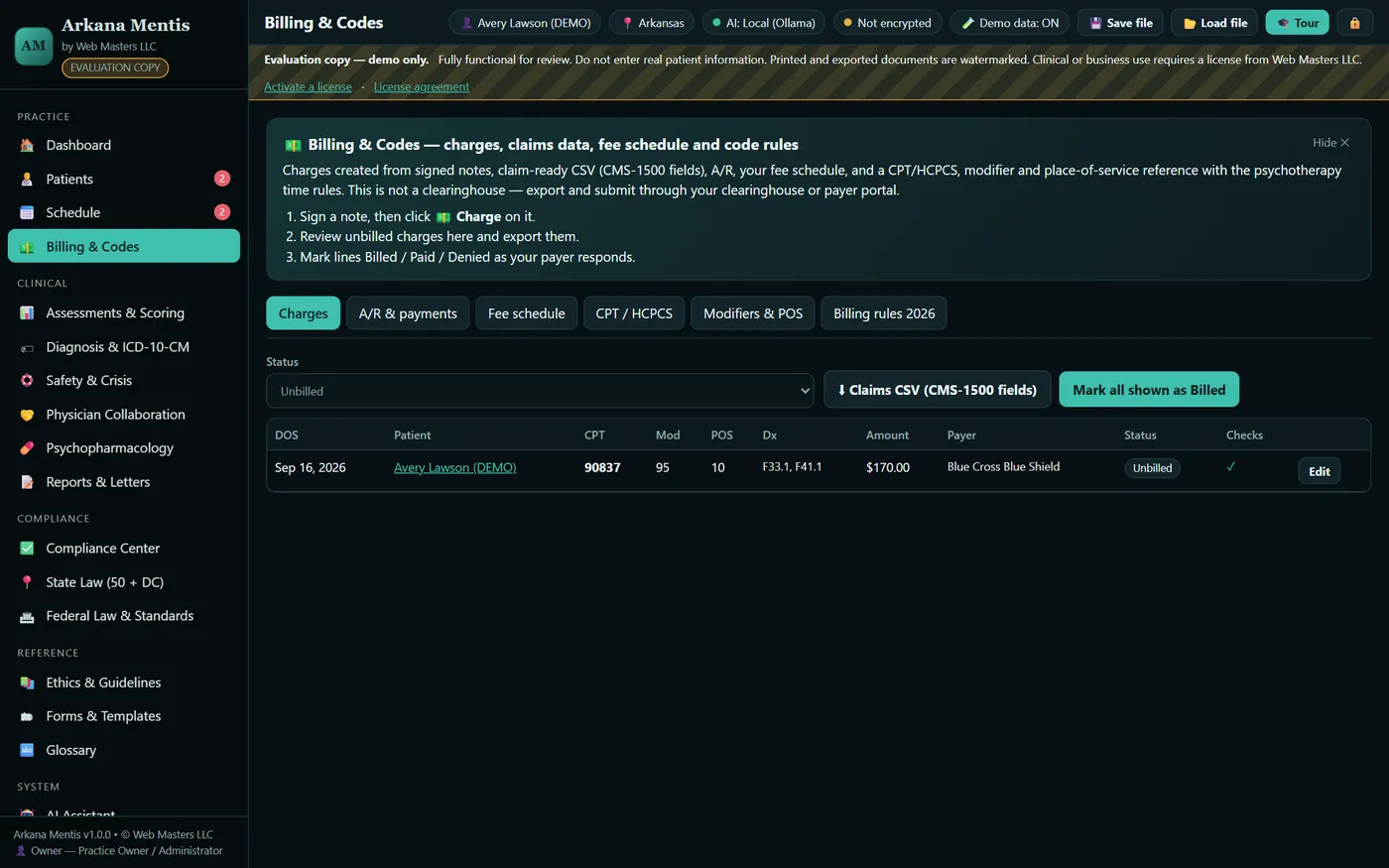 Arkana Mentis: Billing & codes (demo data)