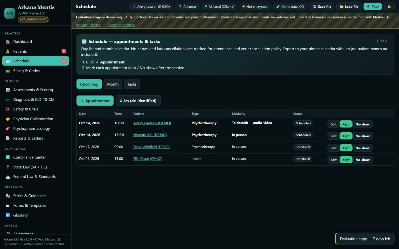 Arkana Mentis: Schedule (demo data)