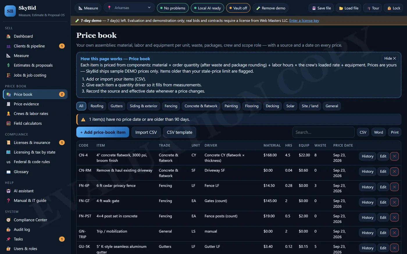 SkyBid: Price book (demo data)