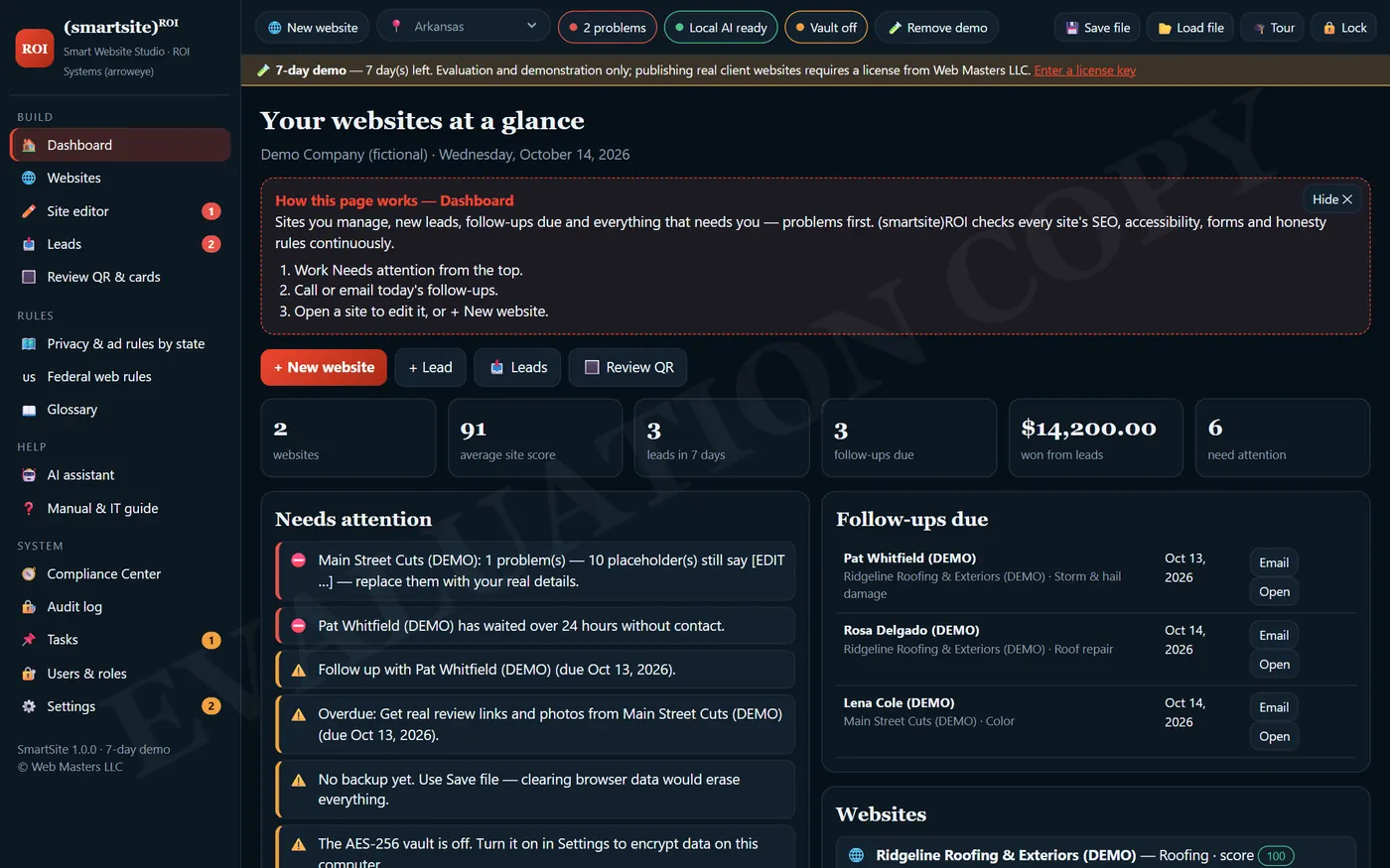 SmartSite Studio: Your websites at a glance (demo data)
