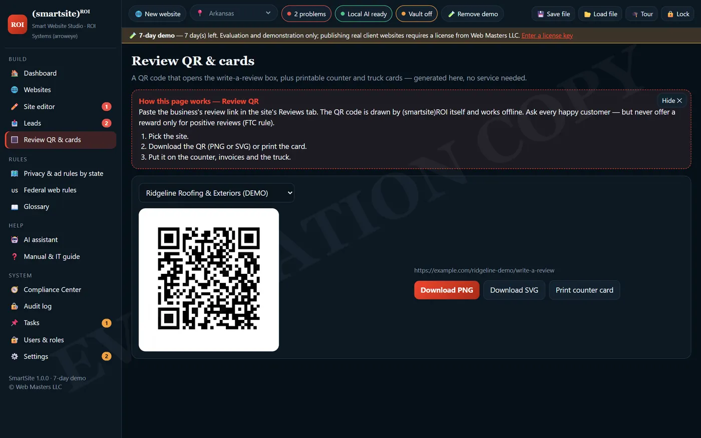 SmartSite Studio: Review QR & cards (demo data)