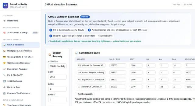 ArrowEye Realty Suite: the CMA and valuation screen